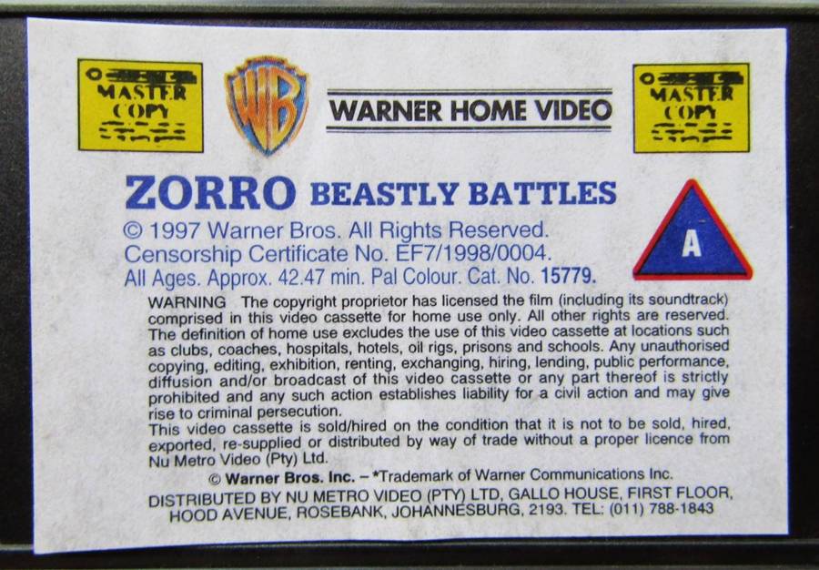 Zorro - Beastly Battles - VHS Video Tape (1998)