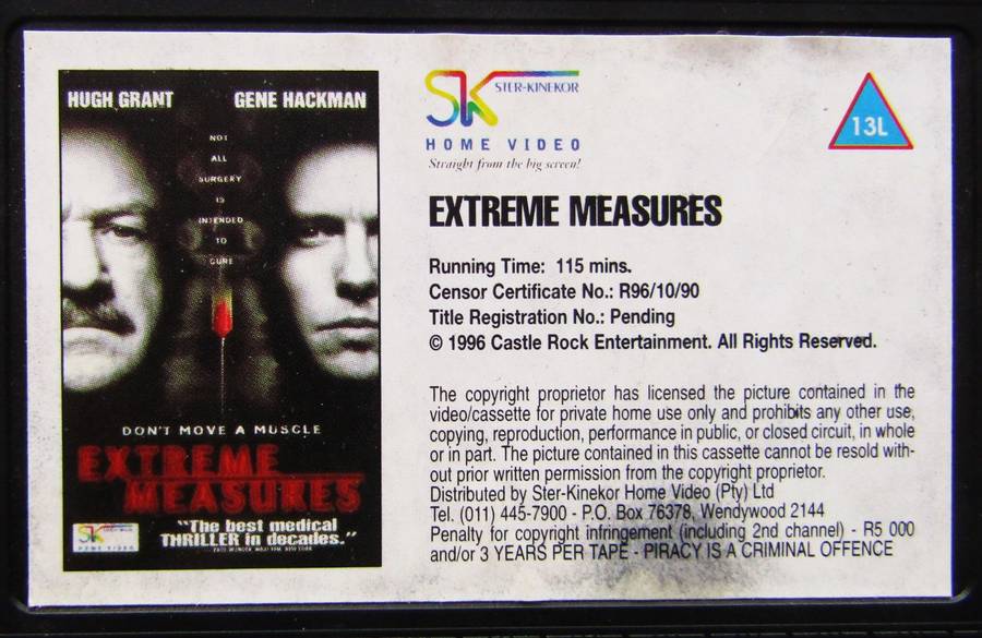 Extreme Measures - Hugh Grant - Movie VHS Tape (1996)