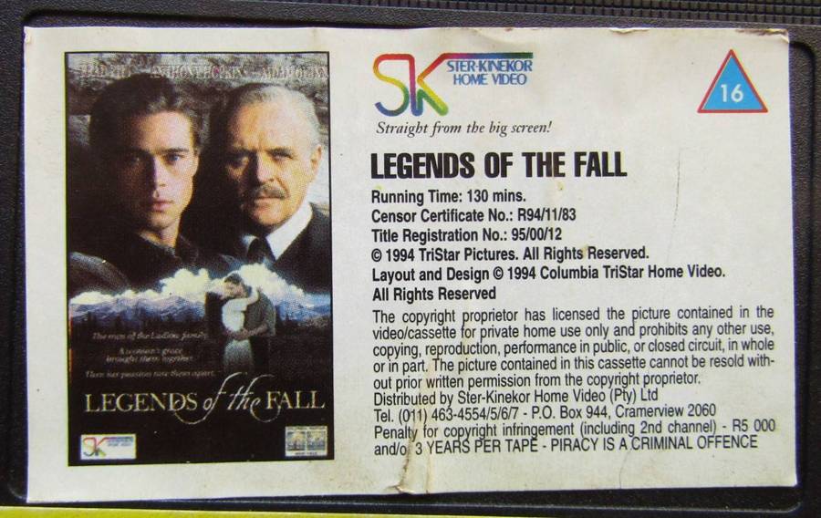 Legends of the Fall - Brad Pitt - Movie VHS Tape (1994)