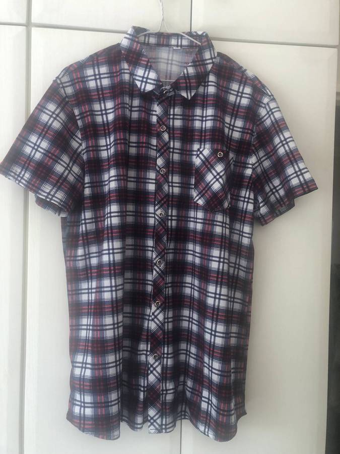 Two plaid short sleeve men shirts.