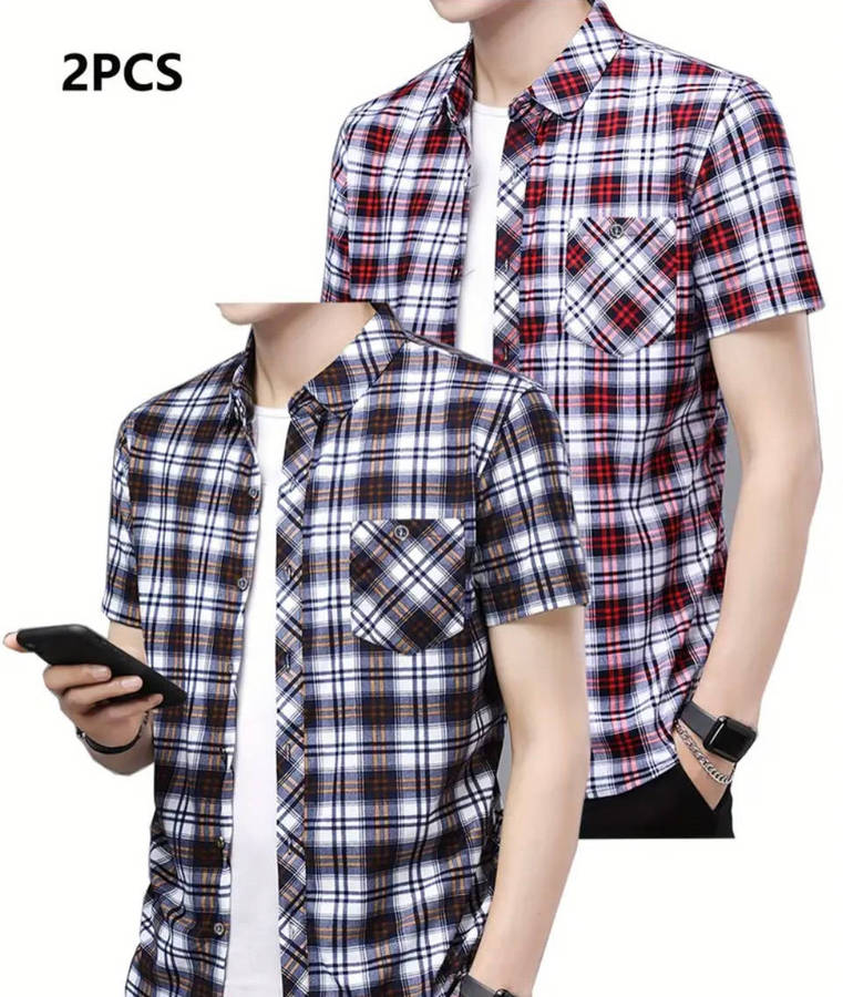 Two plaid short sleeve men shirts.