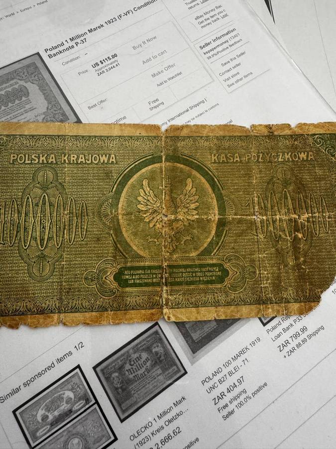 Poland 1 million Marek 1923 Note number D6560638S