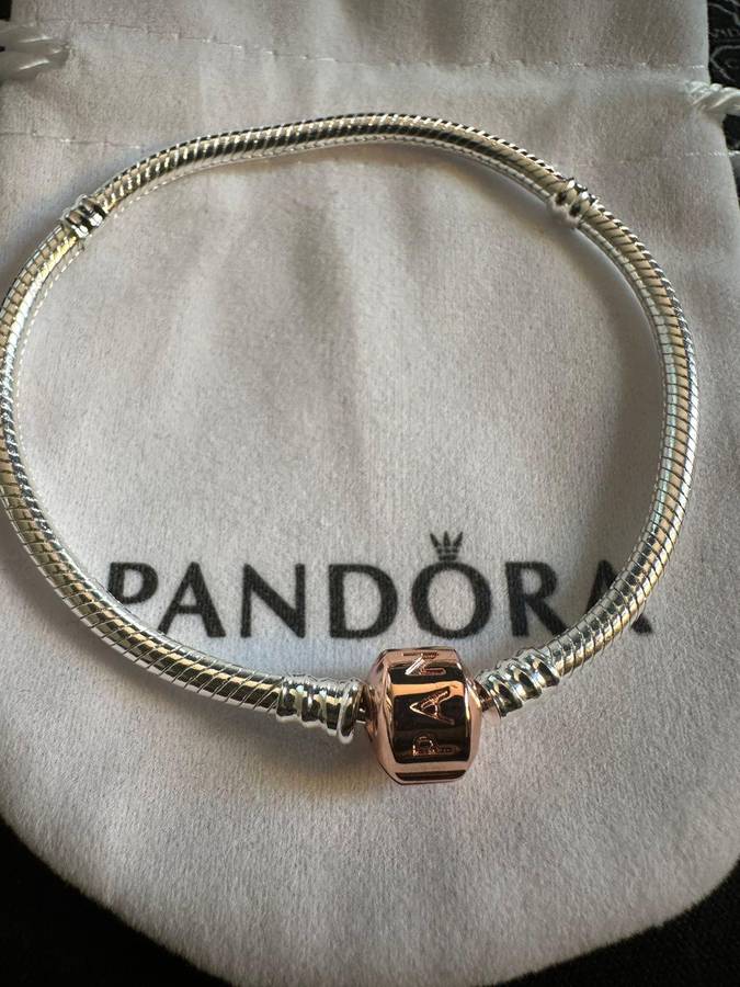 Pandora Retired PREOWNED Two Tone Silver Bracelet With Rose Gold Snap Clasp & Pouch