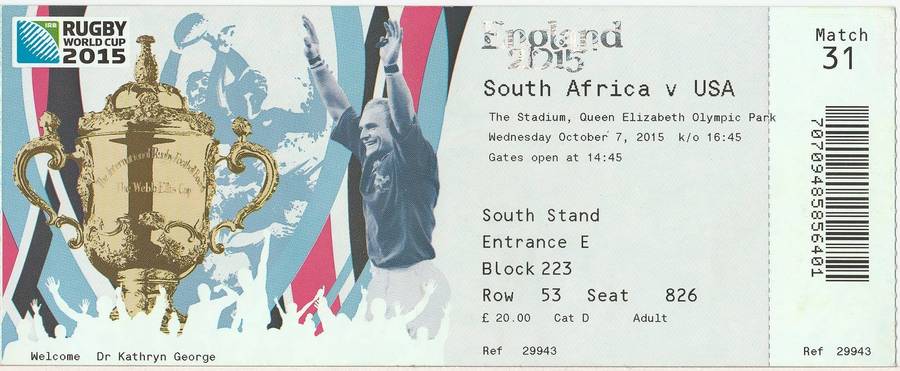 South Africa 2015 Rugby World Cup  progamme  Against USA. Includes Matchday Ticket as scans