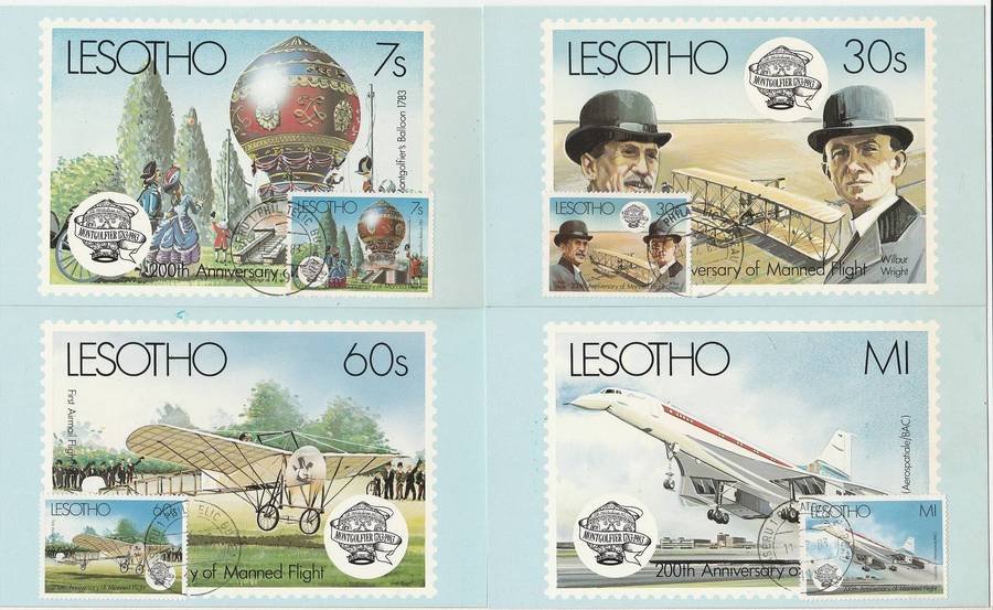 Lesotho Manned Flight combo FDC + Min Sheet FDC + 4 maxi Cards FDC as scans