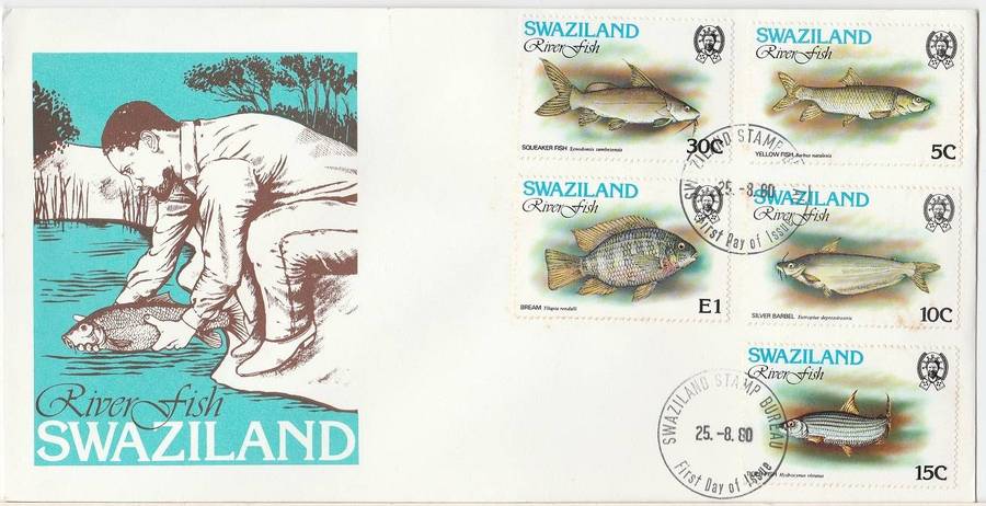 Swaziland FDC River fish Selling as used stamps as cover has Faults as scan