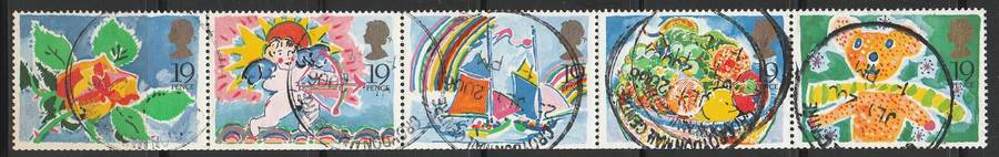 Great Britain Greetings strip of 5 postally used as scan Has been folded