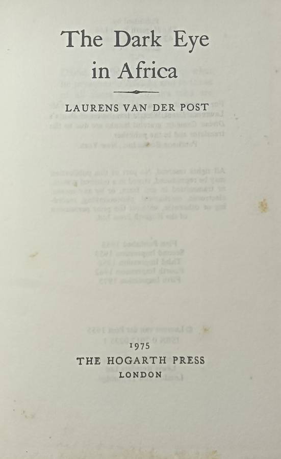 The Dark Eye in Africa by Laurens Van der Post - Hardcover - 1975 5th Impression - 159 pages