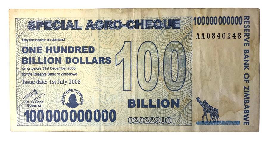 2008 ZIMBABWE 100 BILLION DOLLAR BANK NOTE