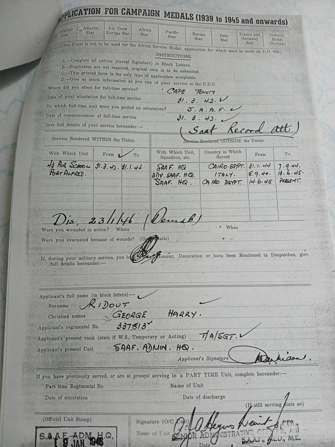 WW2 SA Defence Medal / War Medal & A.S.M. with Service Record - SAAF