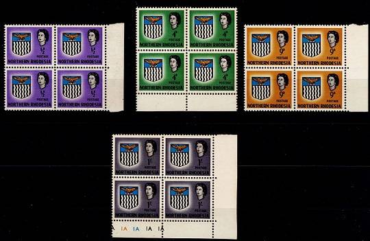 N.Rhodesia 1963 QEII Definitive ½d, 4d, 9d & 1/- in marginal Blks of 4, fine UM