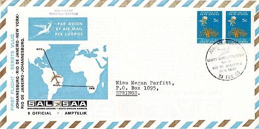 RSA 1969 FDC No9 Inaugural Flight Nyk-Jhb VF addressed