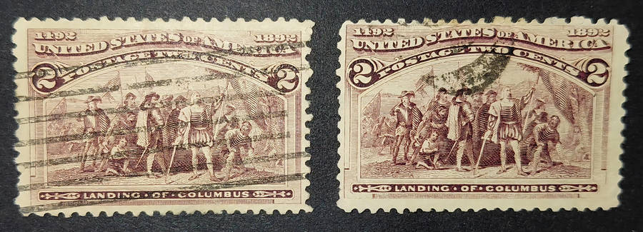 1893 USA Columbus Exposition 2c Varieties  broken tophat & broken botom right frameline