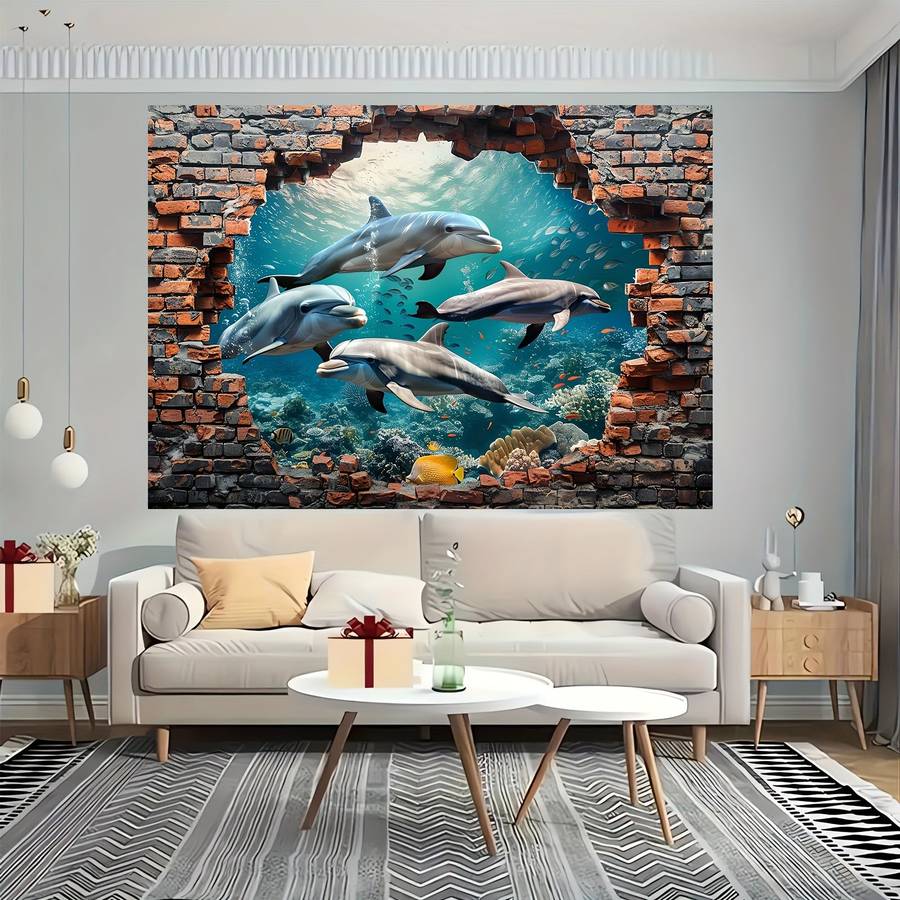 1pc Underwater World Shark And Dolphin Photography Backdrop - Polyester Coral Seaweed Red Brick Wall