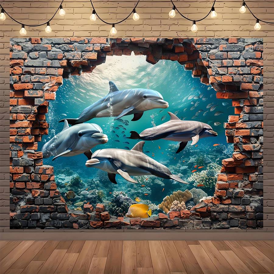1pc Underwater World Shark And Dolphin Photography Backdrop - Polyester Coral Seaweed Red Brick Wall