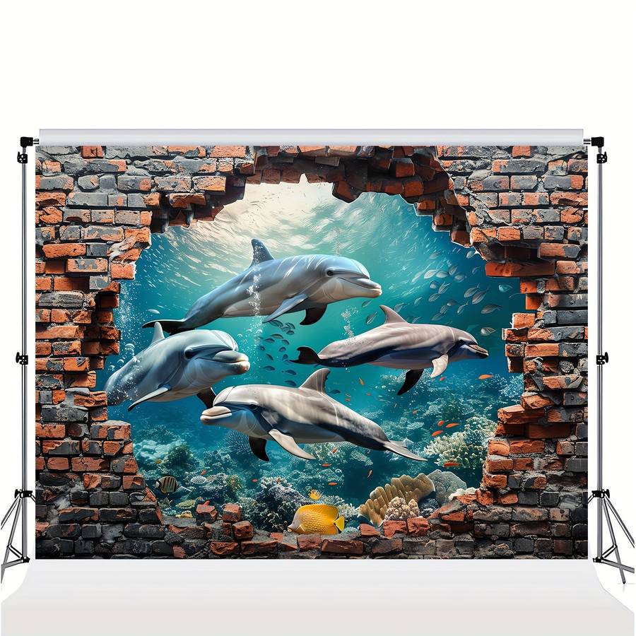 1pc Underwater World Shark And Dolphin Photography Backdrop - Polyester Coral Seaweed Red Brick Wall