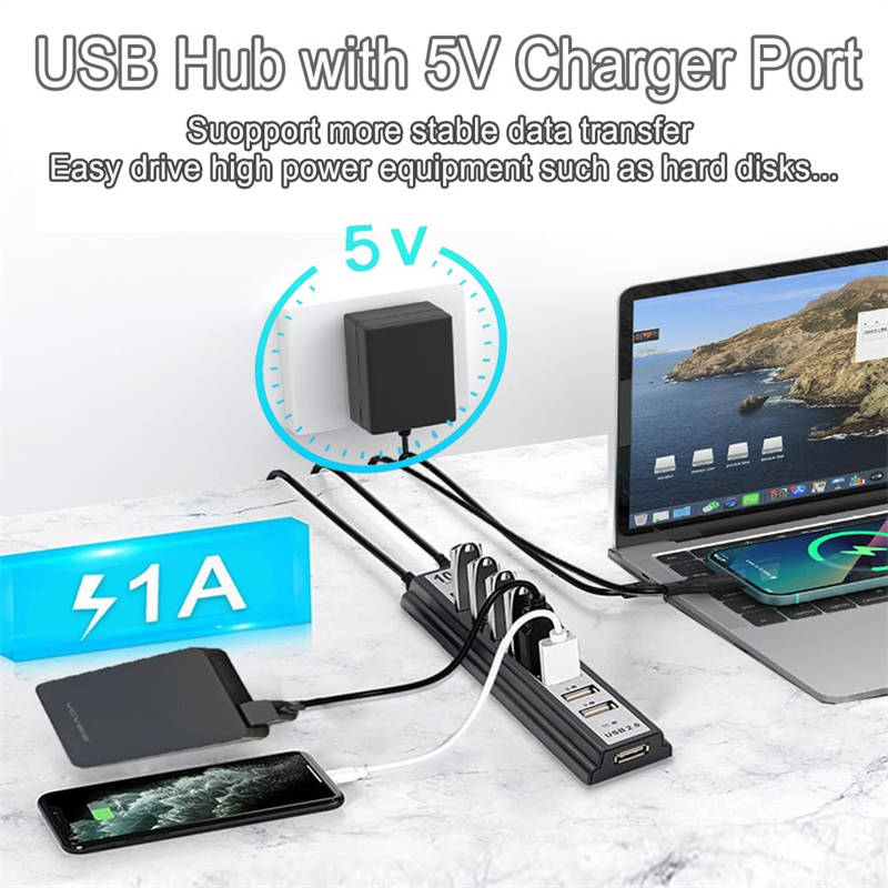 10-Port USB 2.0 Adapter Hub with Charger and Printer Cables