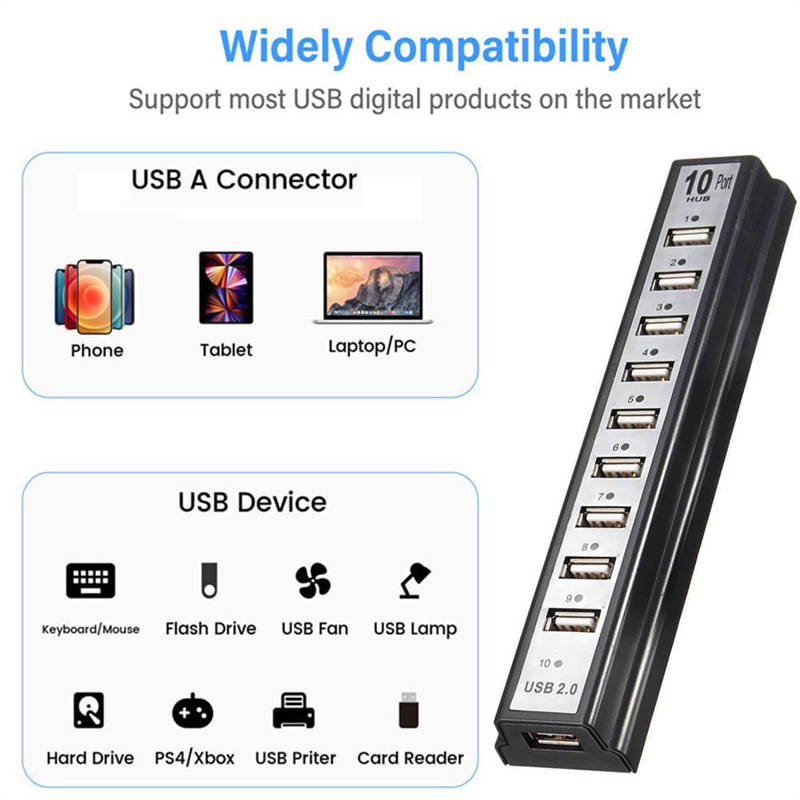 10-Port USB 2.0 Adapter Hub with Charger and Printer Cables