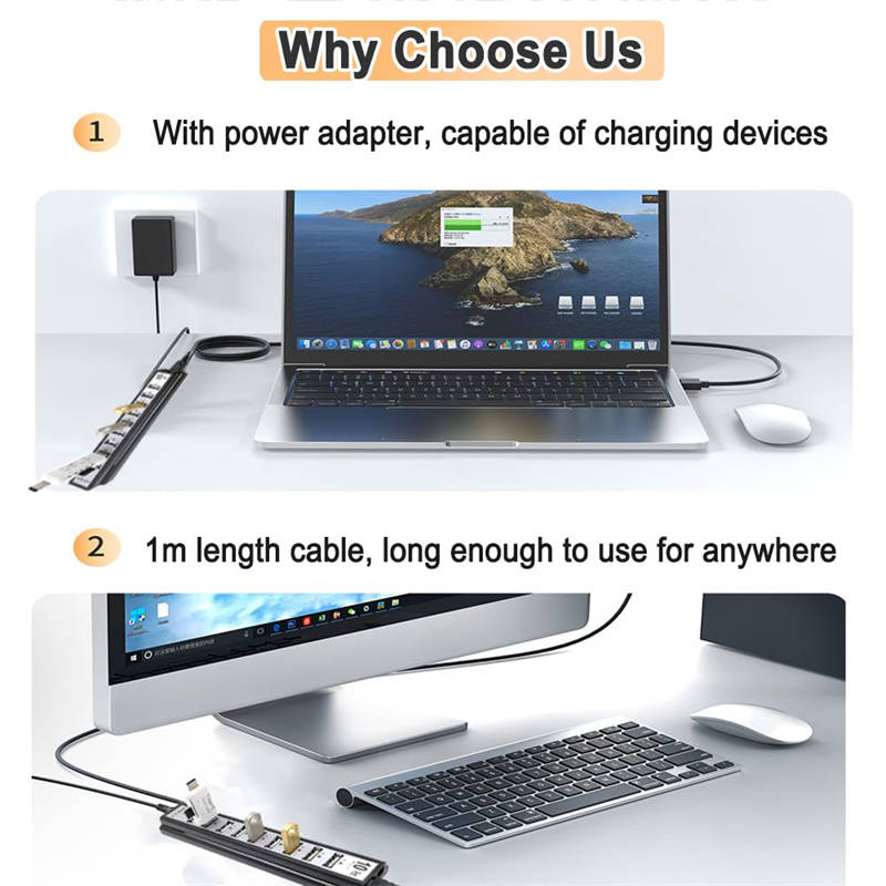 10-Port USB 2.0 Adapter Hub with Charger and Printer Cables