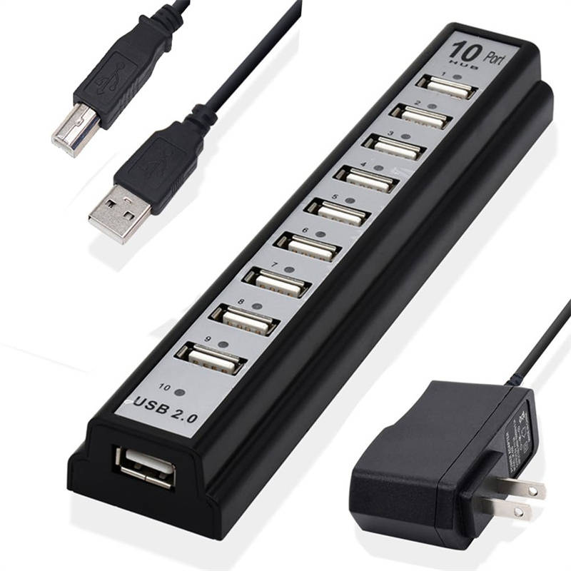 10-Port USB 2.0 Adapter Hub with Charger and Printer Cables