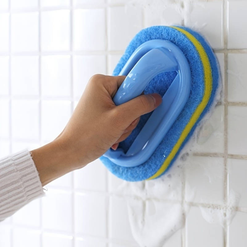 3-Layer Household Cleaning Sponge With Handle - Multipurpose Plastic Scouring Pad For Bathroom, Kitc