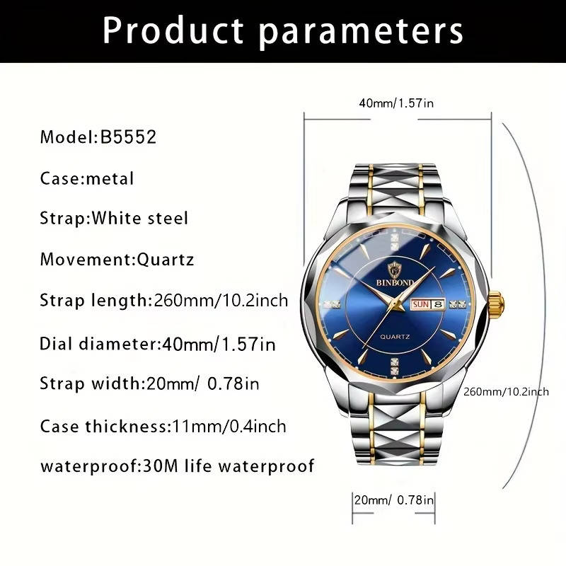 B5552 WaterProof Tungsten Steel BinBond Watch (Inter-Gold-White)