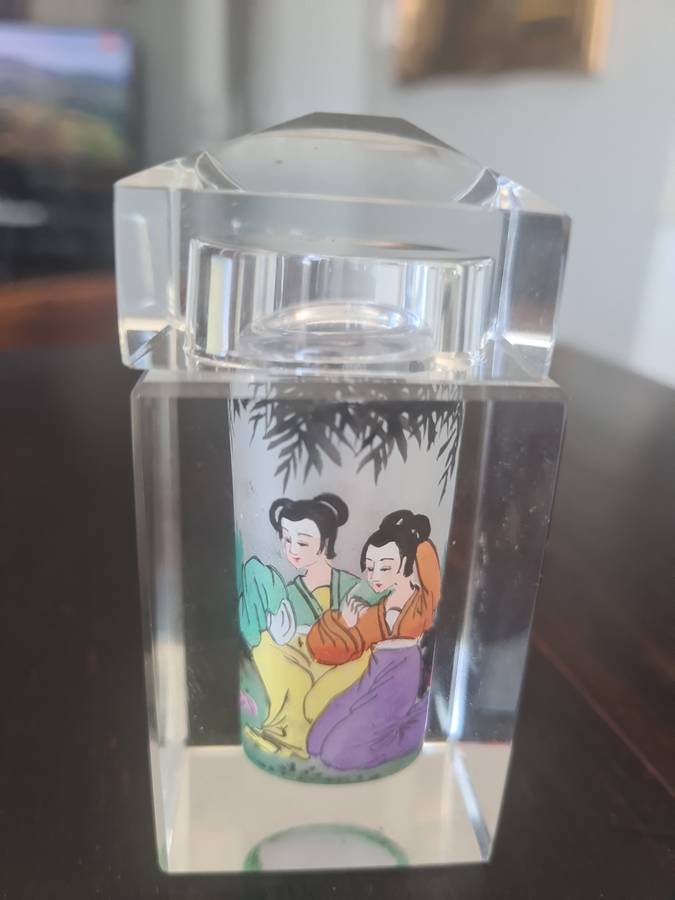 High quality vintage Chinese reverse hand painted figural glass crystal Container