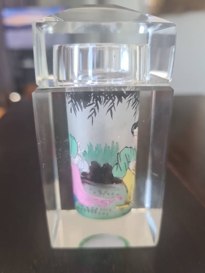 High quality vintage Chinese reverse hand painted figural glass crystal Container