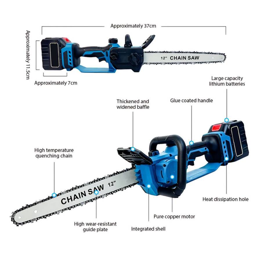 12" Wireless Handheld Electric Chain Saw, 2 Lithium-Ion Batteries & Gloves