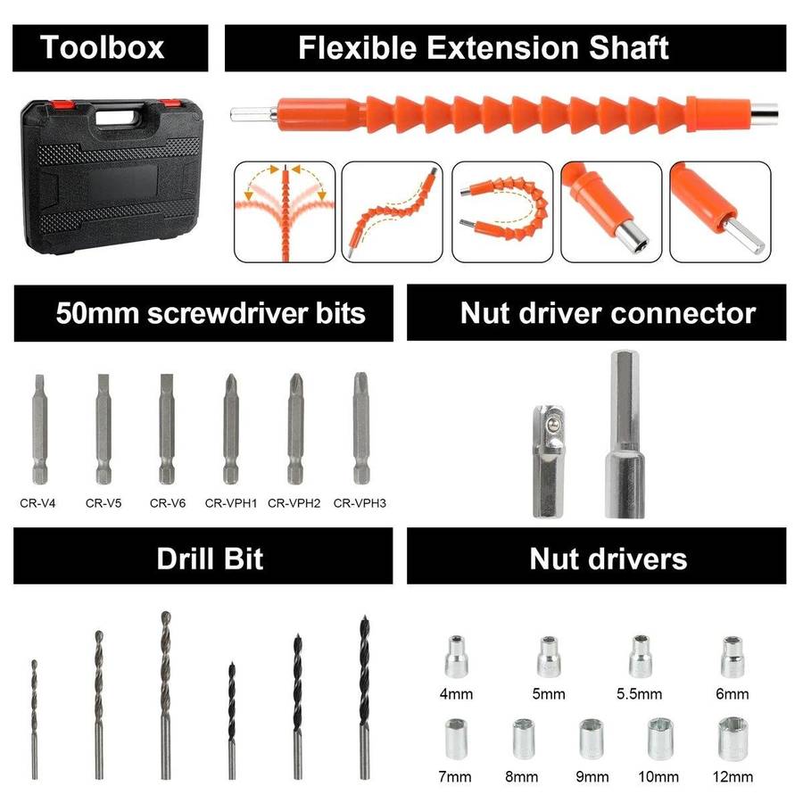 21V Cordless Lithium Impact Drill Set With Drill Bits, Gloves & Case - 29 Piece