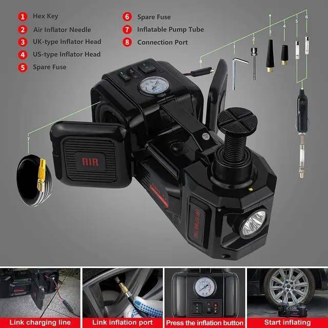 5 Ton 12 V Electric Car Jack With Built In Compressor & Nut Wrench - 3 in 1 - DEEFECTIVE