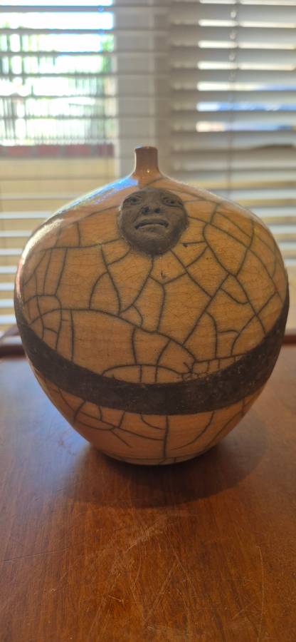 Douglas Lentsa. Hand Signed Ceramic Vase with Small Opening. 4 Ceramic Face Portraits!!!