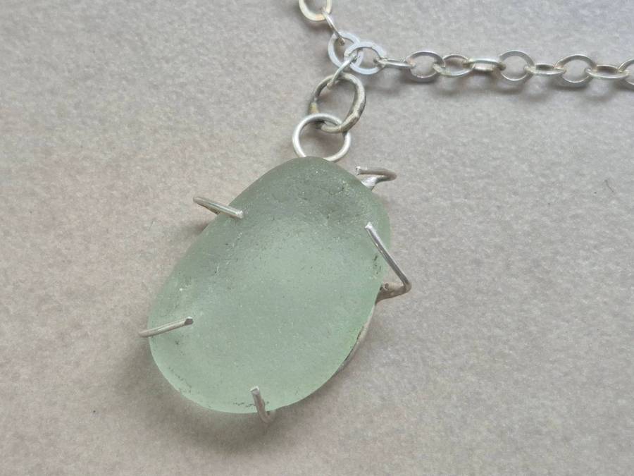 Sugary White, Sterling Silver Sea Glass Necklace 925 chain, wire. Artisan Made Unique. 9.1  grams