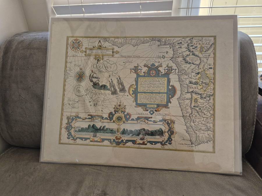 1596 hand coloured original: Striking map of South Africa, West Africa, Atlantic.