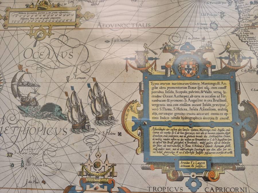 1596 hand coloured original: Striking map of South Africa, West Africa, Atlantic.
