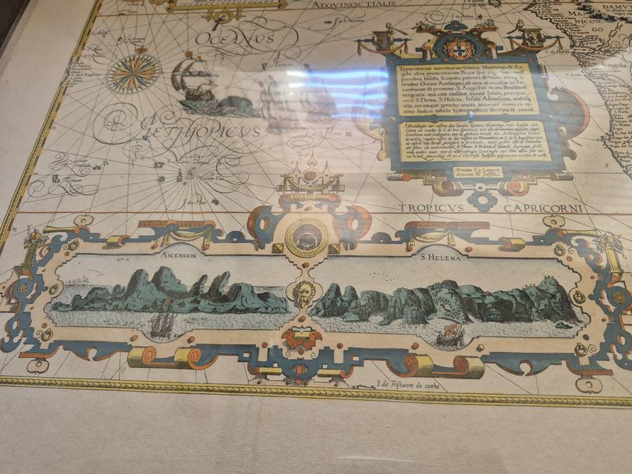 1596 hand coloured original: Striking map of South Africa, West Africa, Atlantic.