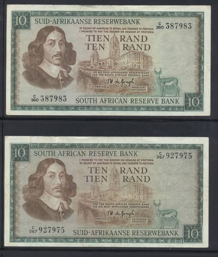 TW DE JONGH R10 x 2 - 1 with springbok wmk, 1 with V.Riebeek wmk - see images