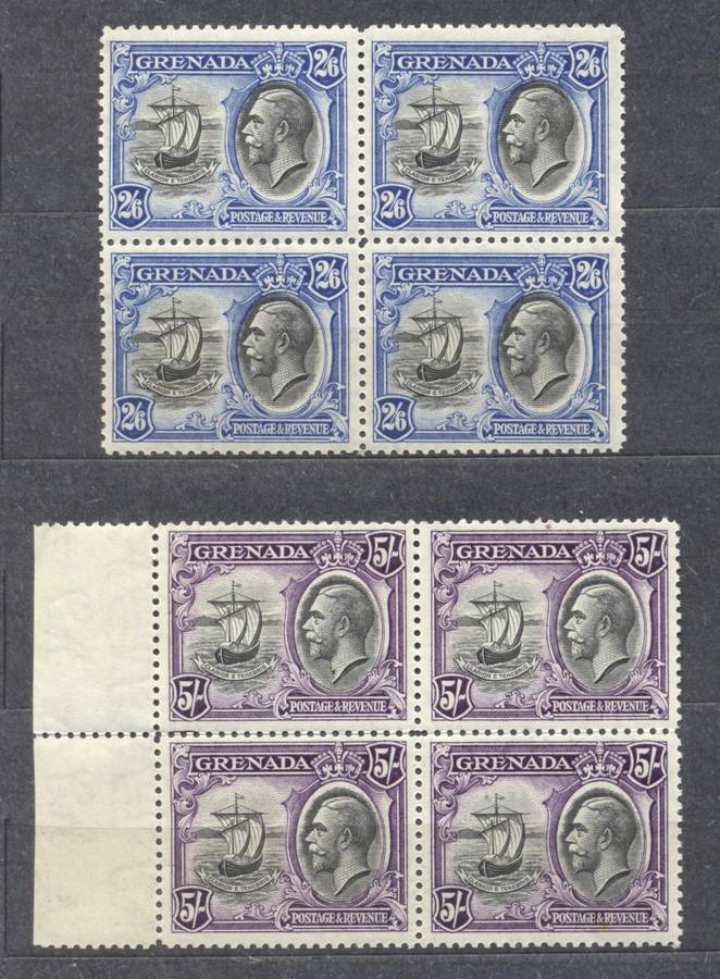 Grenada 1934 KGV Pictoral issue top 2 values in superb blocks ! 2/6 & 5S - See description
