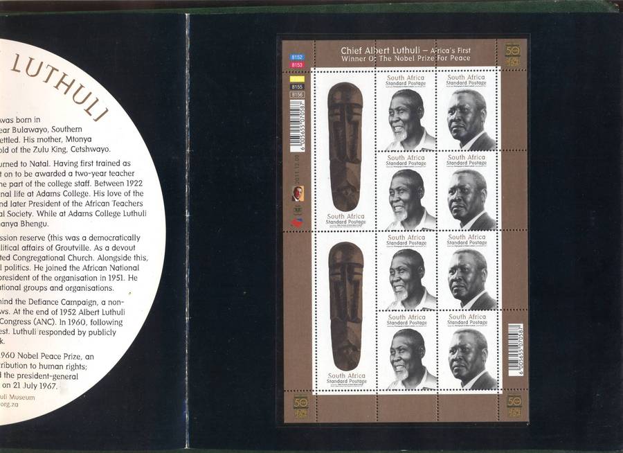 RSA 2011 Albert Luthuli Nobel Prize presentation folder with sheetlet - fresh