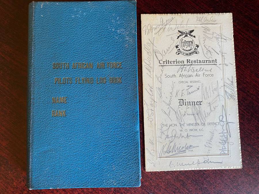 SAAF/WW2 SA AIR FORCE PILOTS FLYING LOG BOOK-MAJOR B.T. TINDALL-SOLD WITH DINNER CARD-DATED 1938