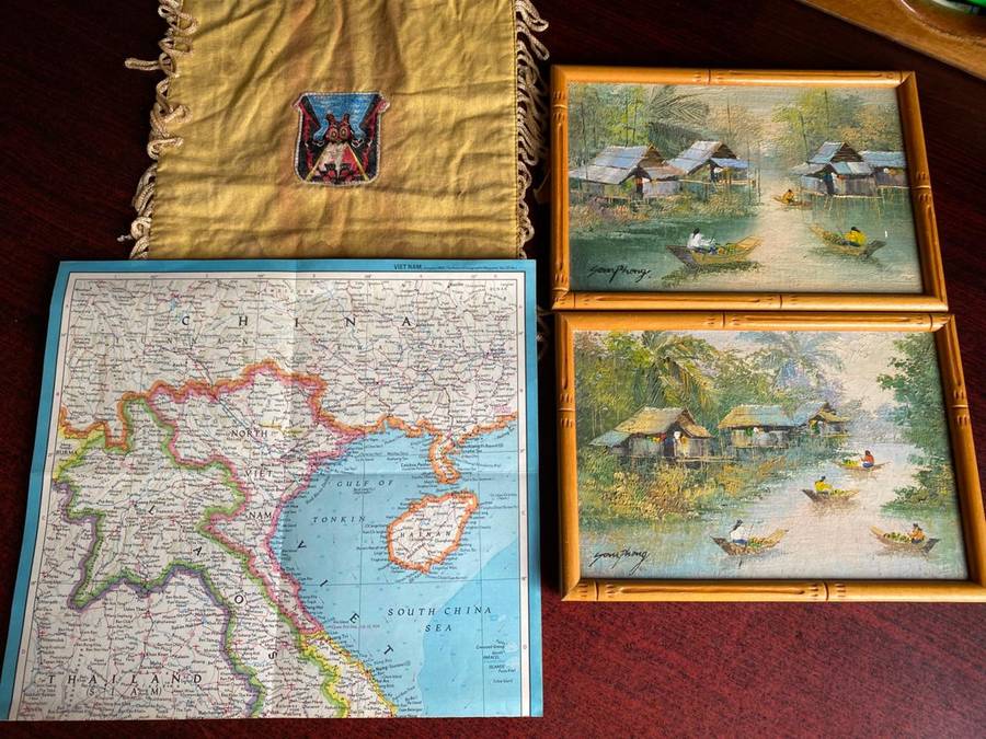 A BANNER WITH A WOVEN PATCH FOR THE VIETENAM WAR ARVN(ARMY OF THE REP. OF VIETNAM)AIR FORCE SURVEILL