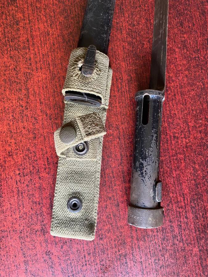 FN BAYONET WITH METAL SCABBARD AND WEBBING FROG