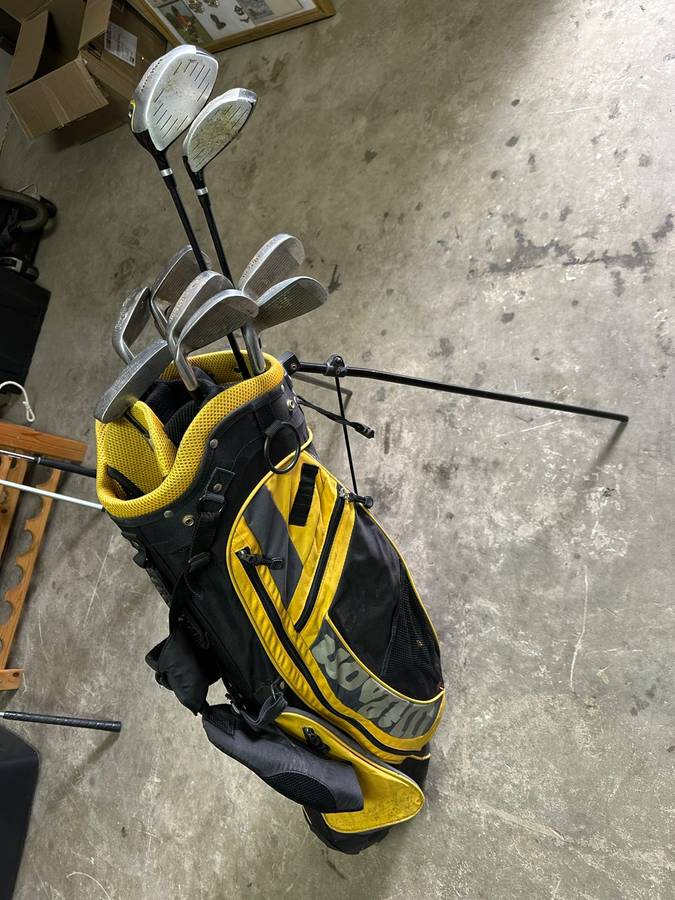 WILSON GOLF SET-STANDING BAG- 2 DRIVERS IRONS- 3 (SPALDING)5,6,7,8,9 AND PITCHING WEDGE-AVENGER 11 P