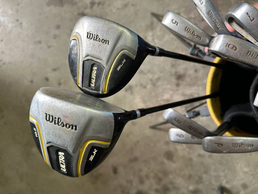 WILSON GOLF SET-STANDING BAG- 2 DRIVERS IRONS- 3 (SPALDING)5,6,7,8,9 AND PITCHING WEDGE-AVENGER 11 P
