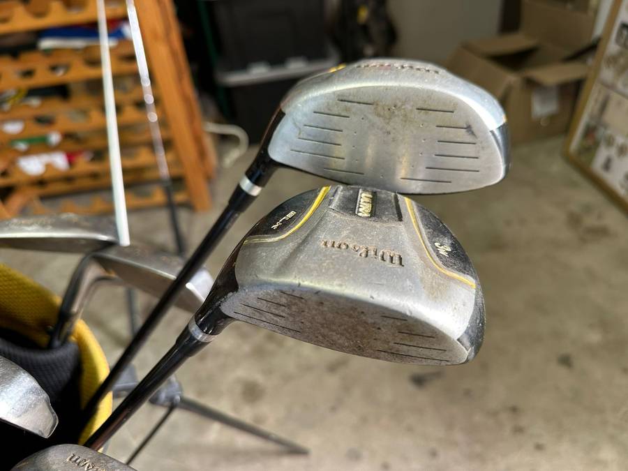 WILSON GOLF SET-STANDING BAG- 2 DRIVERS IRONS- 3 (SPALDING)5,6,7,8,9 AND PITCHING WEDGE-AVENGER 11 P