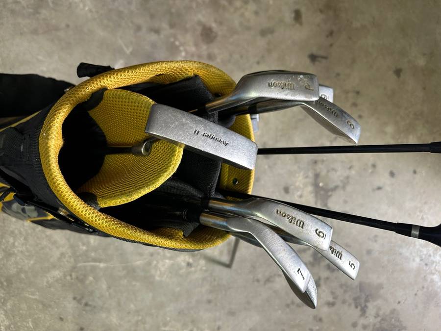 WILSON GOLF SET-STANDING BAG- 2 DRIVERS IRONS- 3 (SPALDING)5,6,7,8,9 AND PITCHING WEDGE-AVENGER 11 P