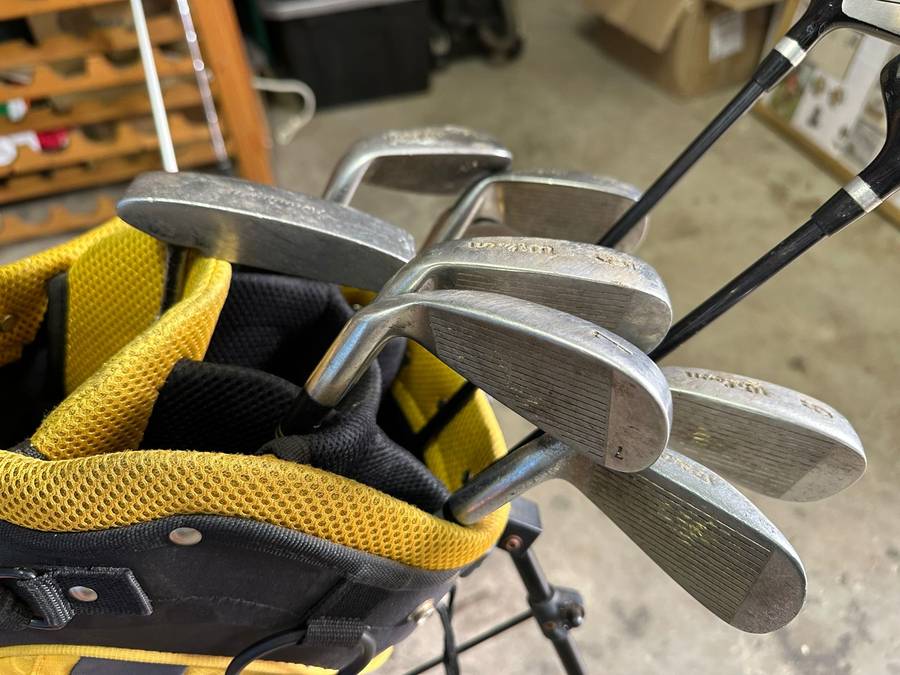 WILSON GOLF SET-STANDING BAG- 2 DRIVERS IRONS- 3 (SPALDING)5,6,7,8,9 AND PITCHING WEDGE-AVENGER 11 P