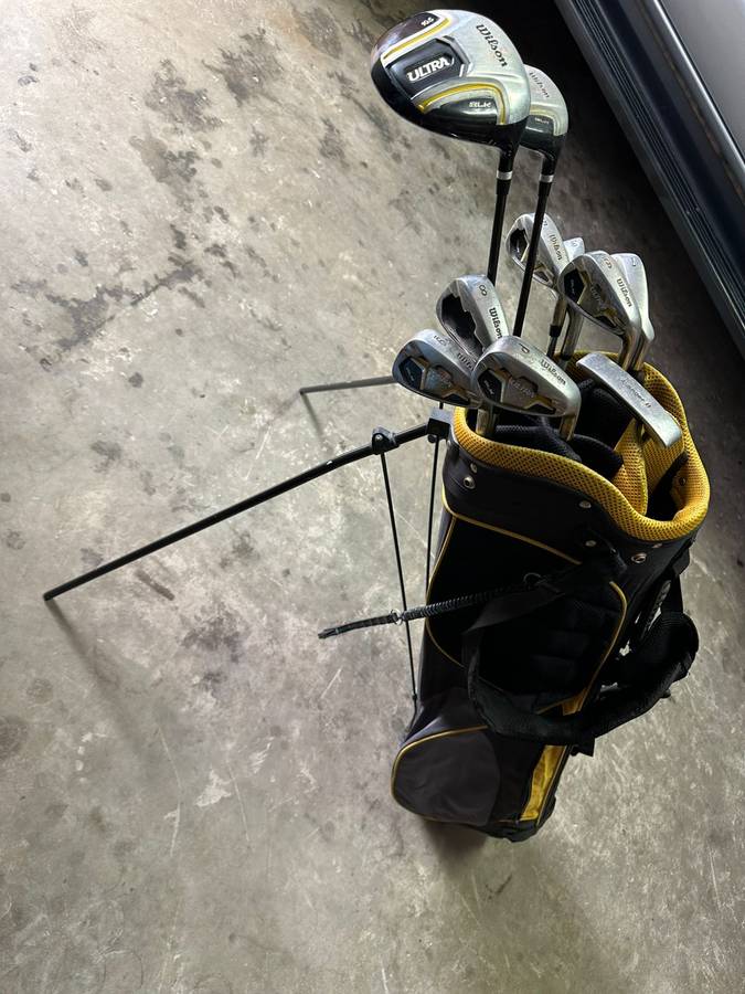 WILSON GOLF SET-STANDING BAG- 2 DRIVERS IRONS- 3 (SPALDING)5,6,7,8,9 AND PITCHING WEDGE-AVENGER 11 P