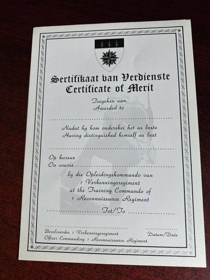BLANK CERTIFICATE OF MERIT FOR 1 RECCE-ORIGINAL