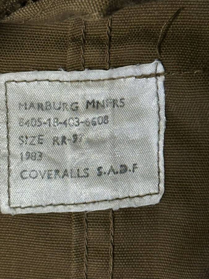SADF NUTRIA COVERALLS DATED 1983-LABELLED (PLEASE LOOK AT SIZE ON LABEL)- I WOULD SAY A SIZE MEDIUM-